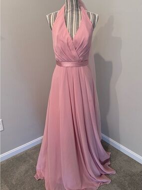Vera Wang Pink V-Neck Halter Gown Bridesmaid Wedding Dress w Sash Sz 6